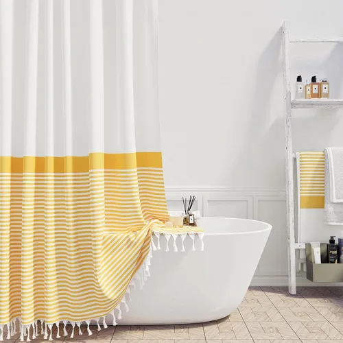 Miniatura 10 de Cortina de ducha Dynamene de tela color beige, cortina de ducha rústica/bohemia a rayas con borlas para baño, juego de cortinas de tela texturizada