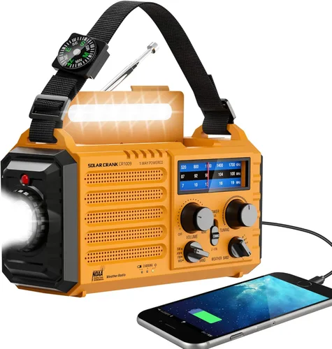 Miniatura 10 de Radio meteorológica de emergencia, manivela solar, funciona con pilas, radio de onda corta AM FM portátil con alerta NOAA, linterna, lámpara de Rojo