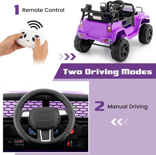 Miniatura 5 de OLAKIDS Camión de paseo para niños, vehículo eléctrico de 12 V con control remoto, juguete a batería para niños pequeños con 2 velocidades, Púrpura