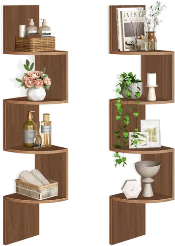 Miniatura 18 de HOOBRO Estante esquinero montado en la pared, juego de 2 estantes de esquina flotantes para pared, estantes esquineros de 4 niveles para sala