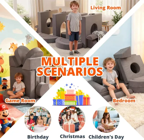 Miniatura 7 de Fvkind Sofá modular de juego para niños, 16 piezas, sofá de construcción para sala de juegos y dormitorio, sofá modular de juegos para niños y gris