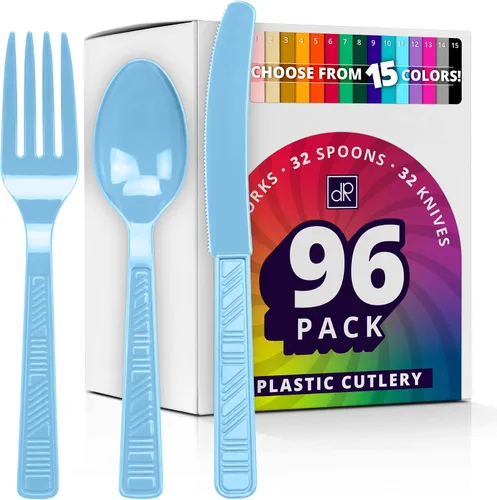 Miniatura 9 de DecorRack Juego de cubiertos de plástico de color azul real para fiestas, 96 piezas de utensilios resistentes a granel (azul rey, 96 piezas)