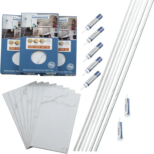 Miniatura 30 de Palisade Kit de azulejos de vinilo entrelazados impermeables para ducha y bañera en mármol Carrara de 23.2 x 11.1 pulgadas Mármol de Carrara