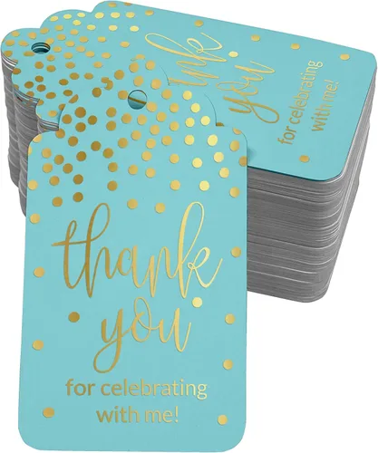 Paquete de 50 etiquetas colgantes con texto en inglés «Thank You for Celebrating with Me» para botella de cumpleaños, papel de aluminio dorado real