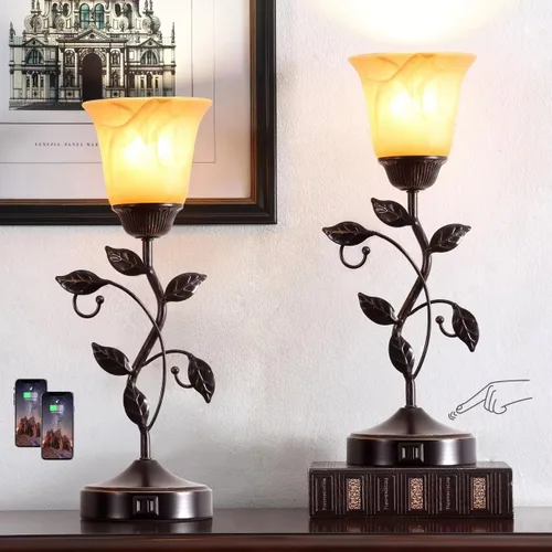 Miniatura 16 de Lámpara de mesa con control táctil con 2 puertos de carga USB, lámparas de mesita de noche regulables de 3 vías, pantalla de vidrio ámbar, lámpara
