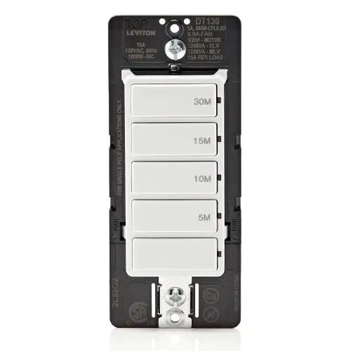 Leviton Interruptor Temporizador de Cuenta Regresiva para ventilador de baño y luces del hogar, 5-10-15-30 minutos, no requiere neutro, unipolar,