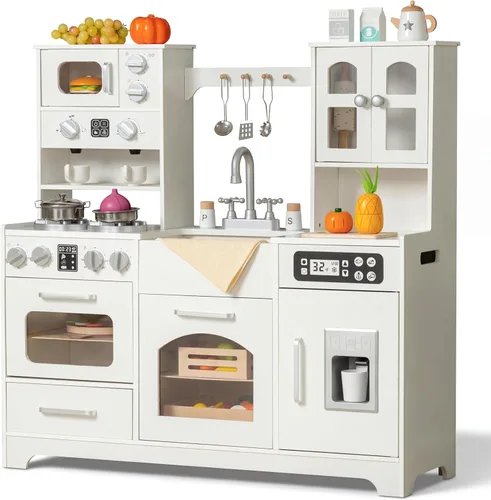 Cocina de juguete de madera para niños pequeños y niños con luces y sonidos, juego de simulación interactivo grande con máquina de hielo, estufa,