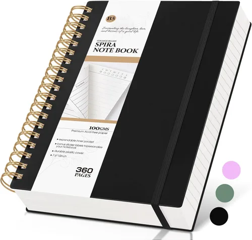 MUAHLIUB Cuaderno de espiral rayado universitario, 360 páginas rayadas gruesas para mujeres y hombres, cuadernos grandes B5 con papel de 100GSM,