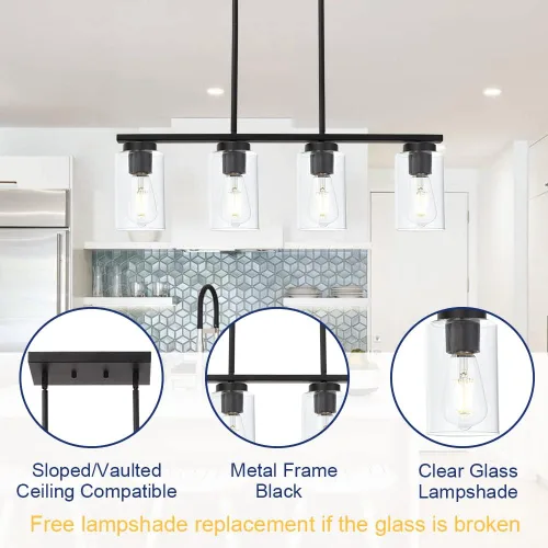 Miniatura 5 de TODOLUZ Lámparas colgantes negras con pantallas de vidrio transparente, 4 luces linares de isla de cocina para granja, comedor, cocina, mesa de Negro
