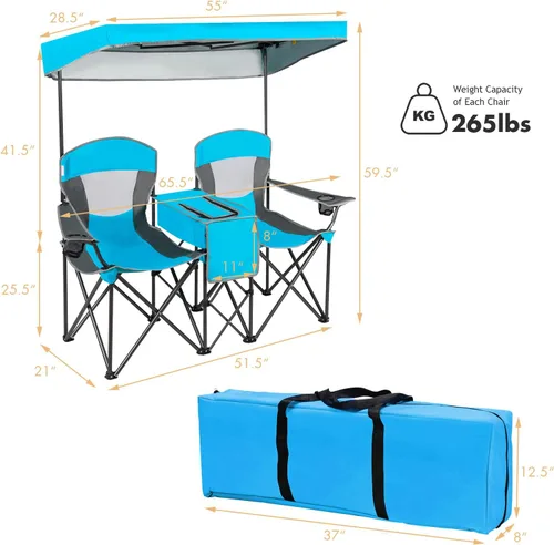 Miniatura 2 de DORTALA Silla de camping doble con toldo, silla de playa plegable para 2 personas con toldo para dosel, soporte para bebidas y bolsa de Azul