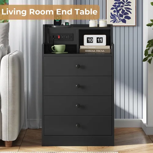 Miniatura 6 de ADORNEVE Mesita de noche grande con estación de carga, mesita de noche negra para dormitorio, mesa auxiliar alta con aparador y 4 cajones, mesa