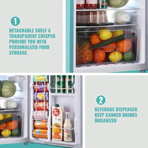 Miniatura 8 de WANAI Mini Refrigerador Compacto Pequeño con Congelador, Mini Refrigerador Retro con Doble Puerta, 7 Termostato Ajustable, Estantes Ajustables Para