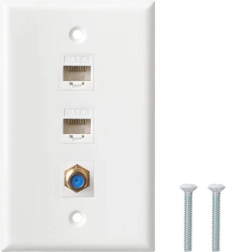 Miniatura 2 de Placa de pared coaxial Ethernet, 2 puertos Cat6 Keystone hembra a hembra, 1 puerto tipo F conector coaxial Keystone placa de pared - Blanco