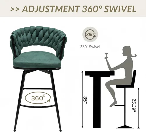 Miniatura 8 de Juego de 2 taburetes de bar giratorios de tela de gamuza con giro de 360°, base de metal y reposapiés, respaldo tejido tapizado para comedor, mesa
