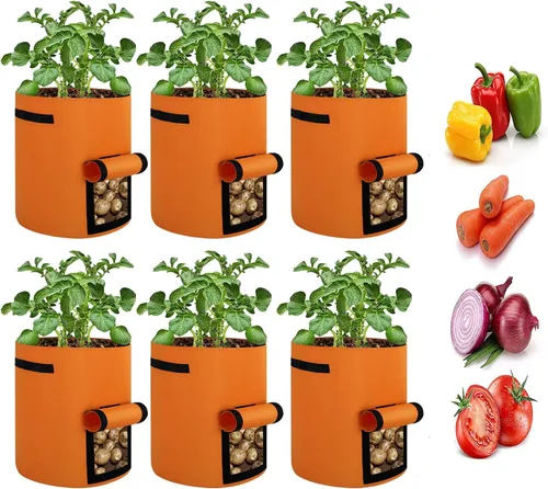 Miniatura 9 de Paquete de 6 bolsas de cultivo de papas, bolsas de plantación de 10 galones, macetas grandes de tela con ventana de solapa, maceta de jardín, Negro