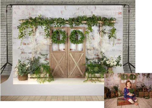 Miniatura 9 de Kate Pared de ladrillo pintado blanco rústico para puerta de madera, fondos de fotografía de 7 x 5 pies, césped verde primavera y flores, fondos
