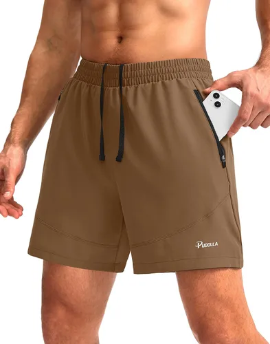 Pudolla Pantalones cortos de correr para hombre, 5 pulgadas, ligeros, para gimnasio, entrenamiento, atlético, casual, con bolsillos con cremallera