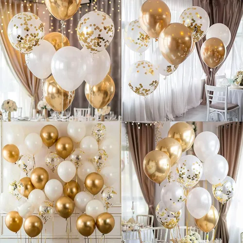 Miniatura 2 de Juego de 50 globos para fiestas, cromo dorado, perla blanca y confeti dorado, globos de látex natural de 12 pulgadas para decoraciones de fiestas
