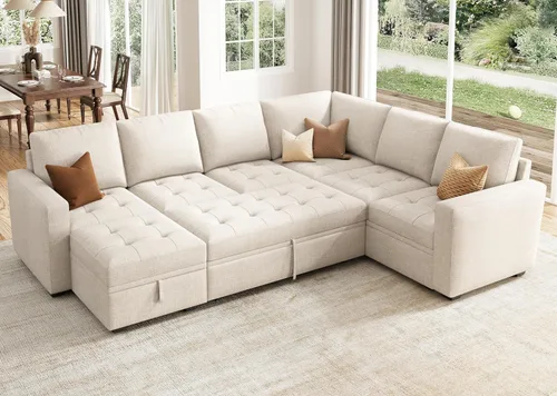 Miniatura 23 de HONBAY Sofá cama modular modular con cama extraíble, sofá en forma de L con asiento de almacenamiento, sofás seccionales para sala de estar, beige