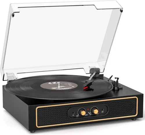 Tocadiscos retro Bluetooth con altavoces integrados, tocadiscos de 3 velocidades por correa, control de graves y agudos, reproductor de vinilo Negro