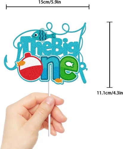 Miniatura 2 de The Big One Happy Birthday Cake Topper Pesca Azul Purpurina Feliz 1er Cumpleaños Un Año de Edad Pasado Pequeño Pescador Decoración de Pasteles
