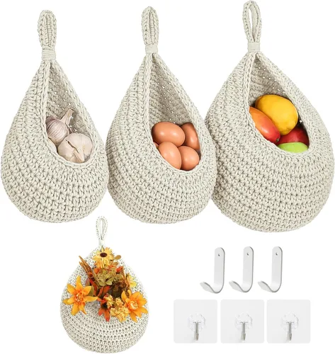 Cestas de frutas colgantes de pared bohemias para cocina, paquete de 3, contenedor de productos tejido con 6 piezas de ganchos fuertes, cesta de