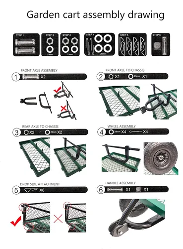 Miniatura 7 de Carrito de jardín de acero con lados extraíbles, carrito de patio resistente de 550 libras con mango giratorio de 180° y neumáticos de 10 pulgadas