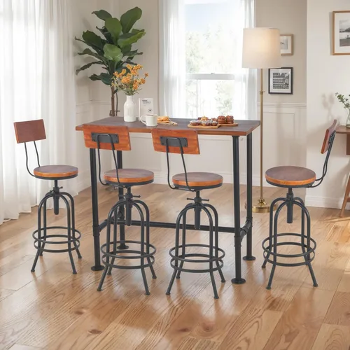 Miniatura 9 de Juego de 2 taburetes de bar industriales con respaldo, asiento giratorio de madera, barra de bar altura ajustable de 26 a 32.2 pulgadas, silla