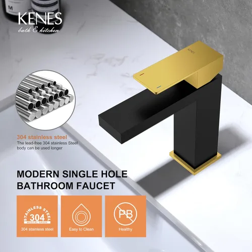 Miniatura 7 de KENES Grifo de lavabo de baño de una sola manija, grifos de baño negros y dorados de un solo orificio, grifo de tocador con desagüe emergente