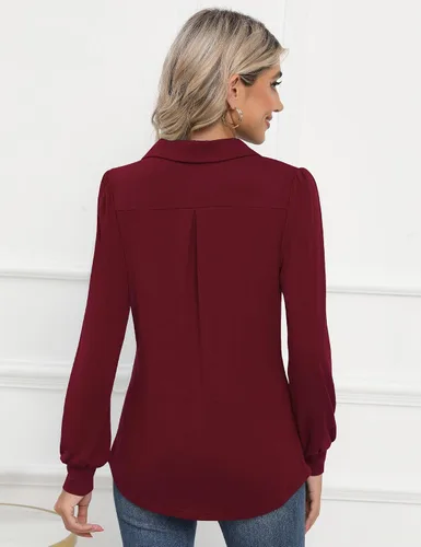 Miniatura 6 de LOMON Camisas tipo polo de manga larga con cuello en V y manga abombada para mujer