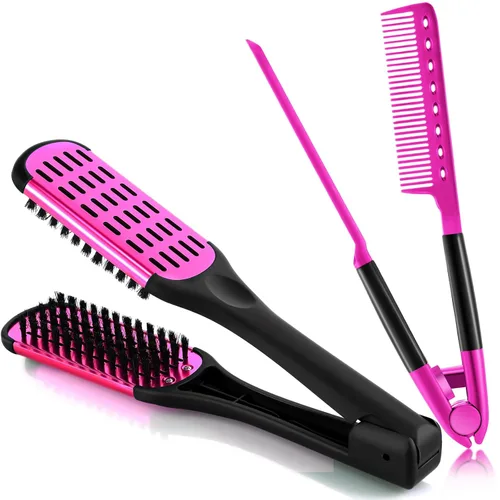 Miniatura 13 de CHENGU 2 piezas de peines para alisar el cabello, pinza de cerdas de jabalí de doble cara y cepillo en forma de V para peinar el cabello, para Negro