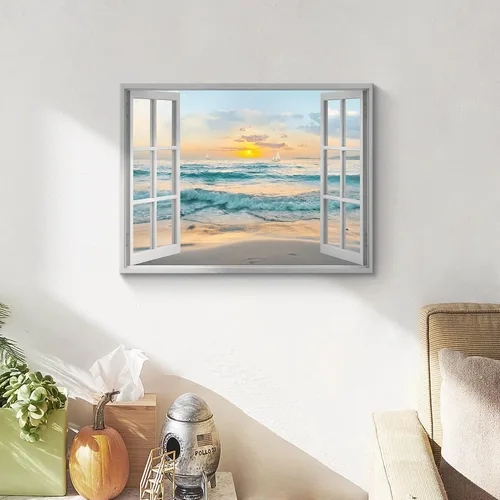 Miniatura 5 de Arte de Lienzo de Ventana Abierta para Pared: Paisaje Costero de Playa al Atardecer Vista de Ventana Falsa Imagen Olas Azules del Océano Pintura