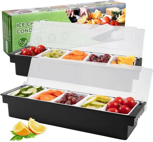 Miniatura 11 de Carrito de frutas, verduras y condimentos con tapa, 5 compartimentos extraíbles, bandeja de guarnición enfriada con hielo para camareros