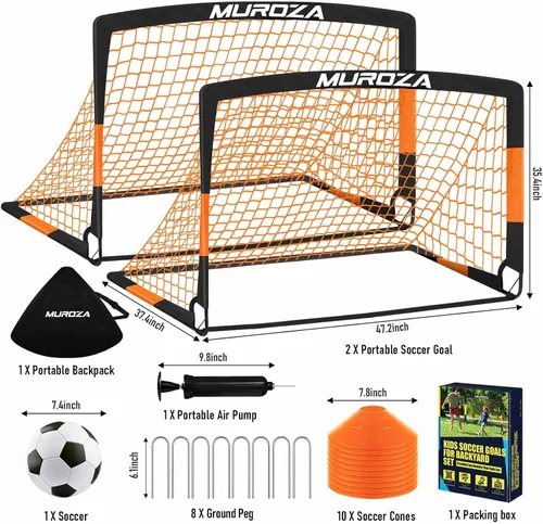 Miniatura 2 de Portería de fútbol, juego de porterías de fútbol para niños para patio trasero, paquete de 2 redes de fútbol portátiles desplegables con pelota
