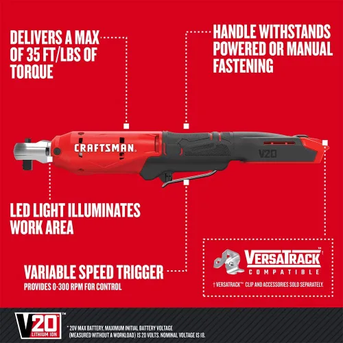 Miniatura 2 de CRAFTSMAN V20 Llave de trinquete inalámbrica, transmisión de 3/8 pulgada, 300 RPM, hasta 4,7 m·kg de par, herramienta desnuda solamente (CMCF930B)