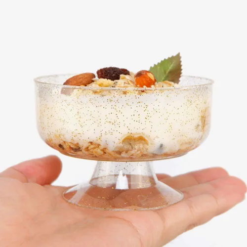 Miniatura 3 de WDF Paquete de 48 tazas de postre de plástico con purpurina dorada de 7 onzas con cucharas, 48 vasos de plástico desechables para helado y 48 Oro