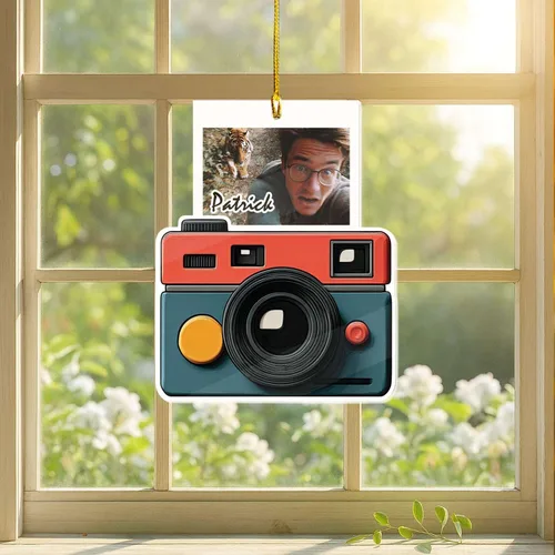 Miniatura 4 de Adorno acrílico en forma de cámara 2D, nombre personalizado y foto colgante de Navidad para fotógrafo, adorno de marco de fotos retro personalizado