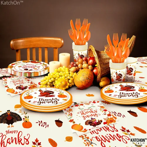 Miniatura 6 de KatchOn Paquete de fiesta de Acción de Gracias, 176 piezas para 25 invitados, mantel, platos, servilletas, tazas y cubiertos para decoración de mesa