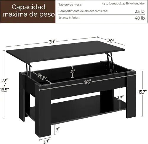 Miniatura 3 de Yaheetech Mesa de café de madera, mesa de centro con estante de almacenamiento oculto grande, mesa de comedor con superficie elevada para sala