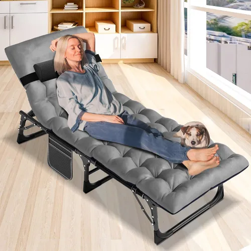 Miniatura 2 de NAIZEA Sillón plegable para exteriores, catre plegable 3 en 1 con colchón, sillas reclinables de patio de 4 posiciones, silla reclinable plegable