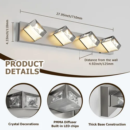 Miniatura 5 de Joossnwell Luces de baño de níquel cepillado sobre espejo (4 luces, 28 pulgadas), lámpara de tocador de cristal 5CCT regulable moderna LED