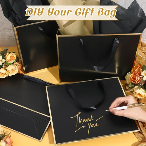 Miniatura 5 de ReliThick Paquete de 24 bolsas de regalo de papel metálico con asas y papel de seda de 11.8 x 10 x 4 pulgadas, bolsa de agradecimiento para Negro