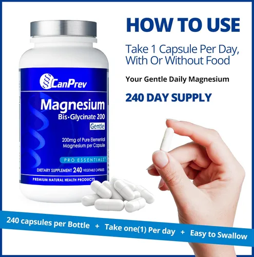 Miniatura 5 de CanPrev Bisglicinato de magnesio suave 200 mg, 240 cápsulas V-Caps suministro de 240 días - Suplemento de magnesio elemental puro, apoya la función