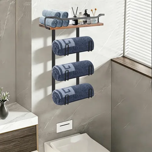 Miniatura 2 de NearMoon Toallero con estante de madera, soporte organizador de toallas de metal inoxidable para almacenamiento de baño, montado en la pared