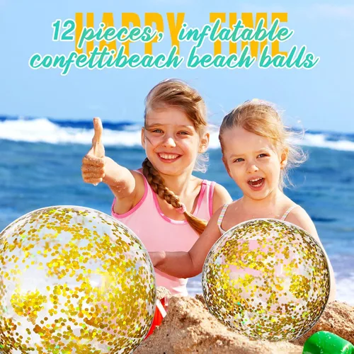 Miniatura 4 de Lewtemi 12 bolas de playa con confeti con purpurina a granel, bolas inflables grandes de 16 y 24 pulgadas para piscina con lentejuelas, decoraciones