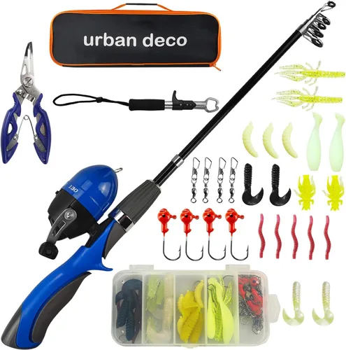 Miniatura 10 de Urban Deco Juego de caña de pescar para niños, portátil, telescópica, caña, carrete y kit combinado con caja de aparejos para principiantes, niños