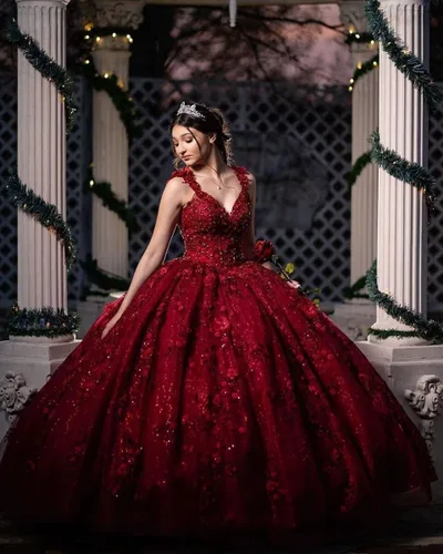 Miniatura 4 de Vestidos de quinceañera con cuello en V para mujer, vestido de baile de tul brillante 3D, apliques de flores dulces 15 16, vestidos de fiesta