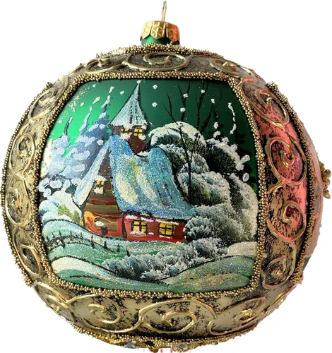Miniatura 57 de Adorno navideño de capilla azul con soporte, bola de vidrio soplado polaco pintada a mano, bola extra grande de 8 pulgadas/200mm, adorno de fe eterna