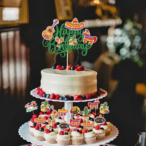 Miniatura 4 de Paquete de 41 decoraciones para tartas de cumpleaños con guitarra, cactus y burro, palillos de pimienta para fiesta mexicana, temática de baby