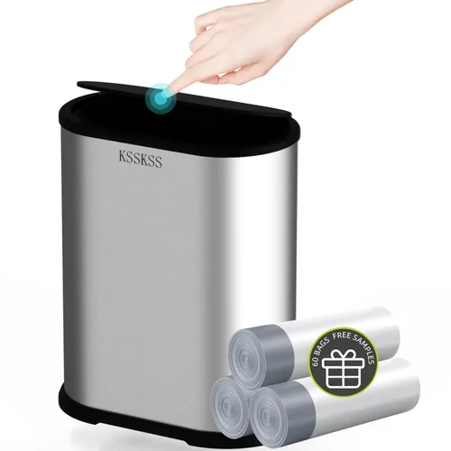 Miniatura 12 de KSSKSS Cubo de basura pequeño de acero inoxidable de 1.8 galones con tapa tipo prensa, cubo de basura delgado para baño, cubo de revestimiento Negro